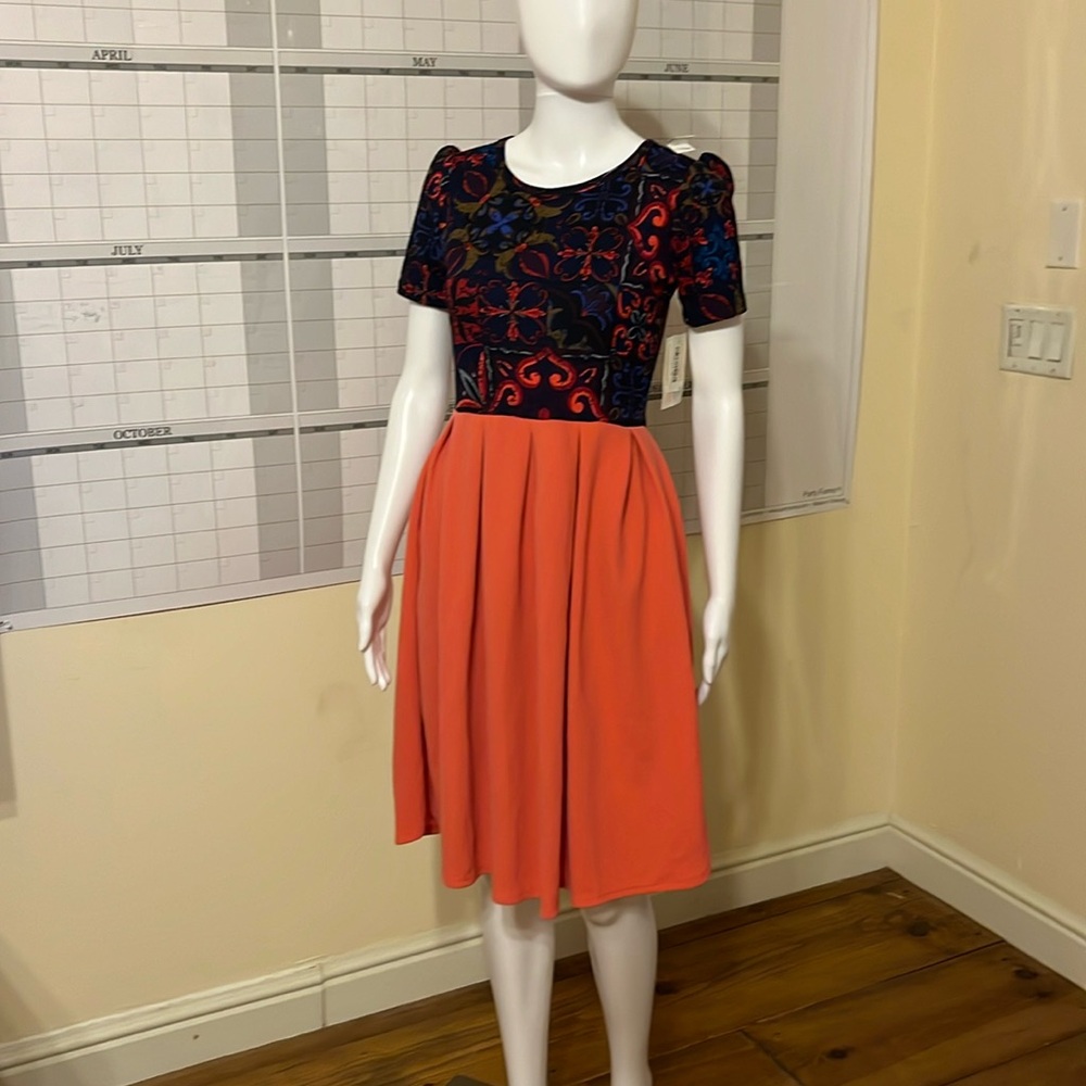 LuLaRoe Women's S Orange Blue Fit and Flare Short Sleeve Dress w/ Pockets NWT